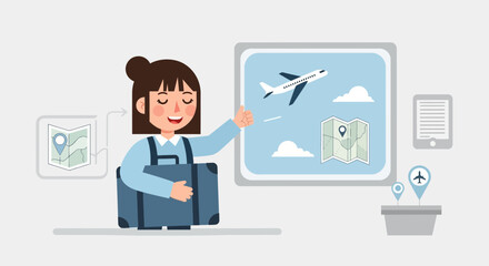 Excited traveler planning her trip with map, airplane and technology details  illustration
