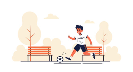 Boy Plays Soccer In The Park After School Relaxing Outdoor Activity