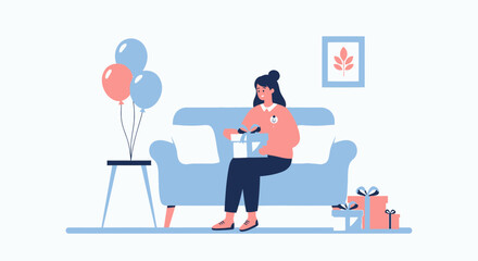 Excited Woman Unboxing Gifts On A Blue Couch For Special Occasion