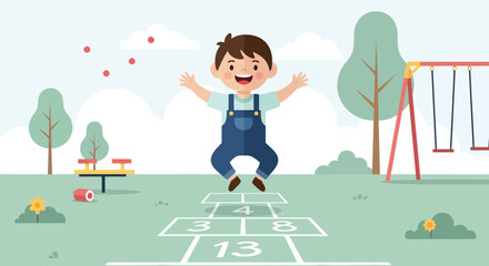 Boy Plays Hopscotch Game At Park With Trees And Swings In The Background
