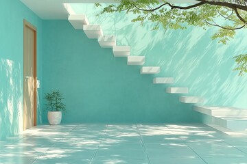 Minimalist Staircase and Sunlit Interior Blend with Nature's Shadows in Modern Design