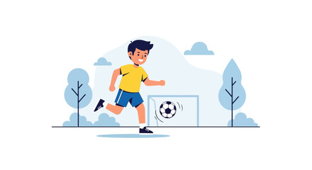 Boy Plays Soccer Outdoor In The Park, Vector Illustration Flat Style