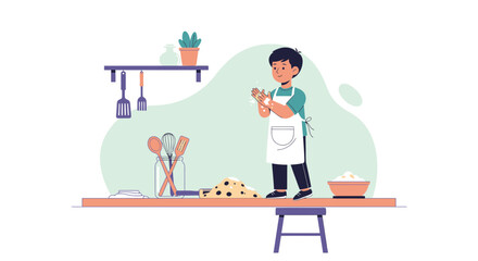Boy Preparing Dough While Wearing An Apron And Standing In The Kitchen