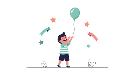 Boy Reaching For a Balloon With Stars and Ribbons In Celebration Mode