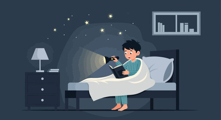 Boy Reading Book Under Blanket With Flashlight Late At Night Alone