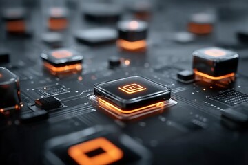 Glowing futuristic circuit board with orange illuminated microchips in high-tech environment