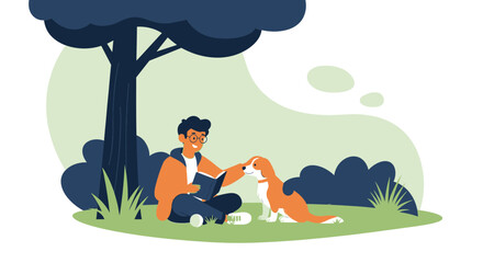 Boy Reading Book Underneath The Tree With His Dog On Summer Day