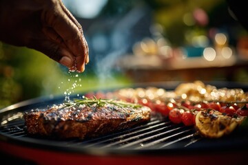 Close up of a chef seasoning a steak grilling on barbecue with rosemary, tomatoes and lemon wedges, sunny outdoor background