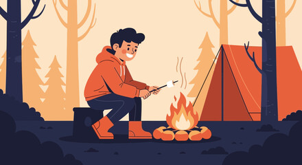 Boy Roasting Marshmallow Over Campfire In Forest Adventure Flat Illustration