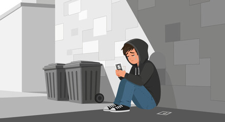 Boy Sits By Alley, He Holds A Photo And Feels Sad And Lonely