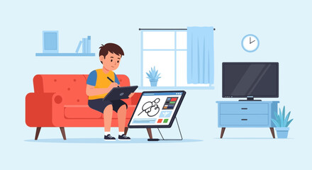 Boy Sits On Sofa Drawing With Digital Tablet At Home Studio Session