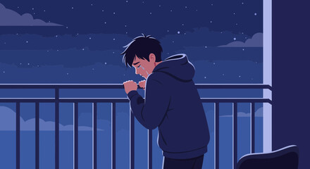 Boy Stands On Balcony Crying Emotionally Under The Stary Night Sky Scene