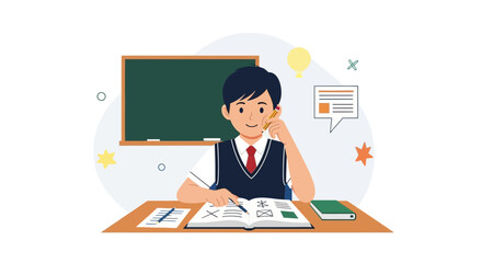 Boy Student Studying At His Desk Vector Illustration For Learning Concept