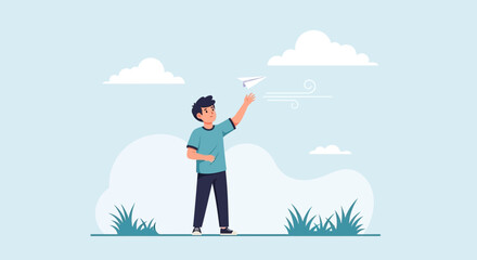 Boy Throwing Paper Airplane With Clouds In Sky And Green Grass Field