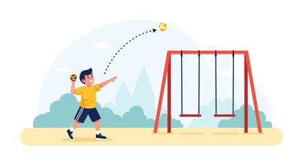 Boy Throwing A Ball On The Playground During A Sunny Day Outside