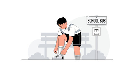 Boy Tying Shoelace Waiting For The School Bus At Bus Stop Illustration