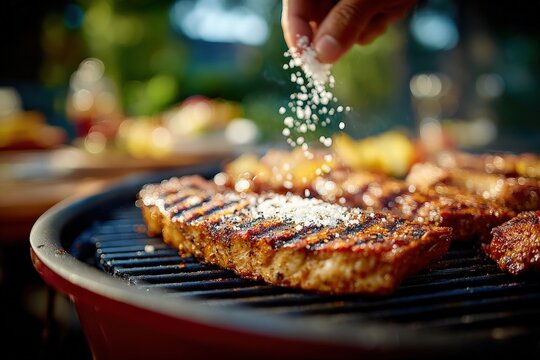 Close up of a chef seasoning meat on a barbecue grill, adding a touch of salt to enhance the flavor