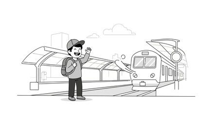 Boy Waving Goodbye to Arriving Train at Station for Travel Adventure
