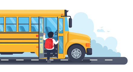 Boy With Backpack Is Boarding A Yellow School Bus On Sunny Day