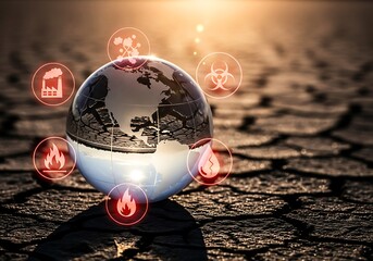Crystal Globe Rests On Cracked, Arid Land, Surrounded By Red Icons Representing Pollution, Climate Change, And Environmental Disasters, Climate Change, Global Warming, Environmental Crisis