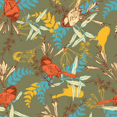 birds and flowers on a green background