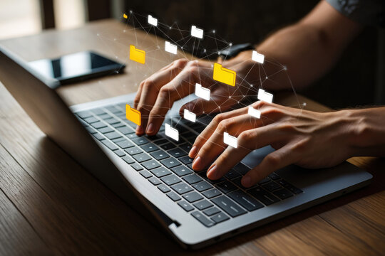 Organizing Digital Assets Hands Type on a Laptop with a Visual Overlay of Folders and Files, Illustrating Efficient Data Management and Information Architecture