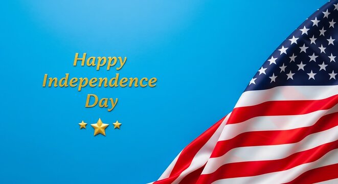 Image featuring Happy Independence Day in gold text with gold stars on a blue background and the US flag rippling on the right. - Powered by Adobe