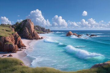 Sunlit Waves Caress Rugged Cliffs: A Serene Beachscape Under a Clear Blue Sky and Puffy Clouds