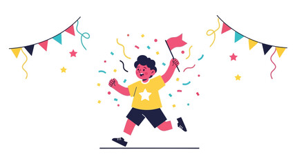 Happy Boy Celebrating With Confetti And Party Decorations Achievement Concept
