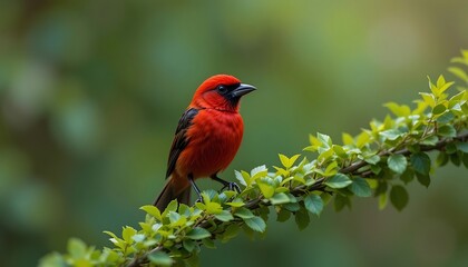 Stunning Scarlet Tanager Perched on Vibrant Green Branch in Lush Forest