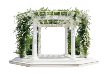 Elegant white wedding arbor adorned with lush green foliage isolated on transparent background