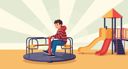 Happy Boy Enjoys Spinning Merry Go Round on Playground at Sunny Day