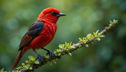 Stunning Scarlet Tanager Perched on a Branch in Vibrant Green Foliage