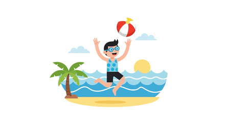 Happy Boy Playing With A Ball On The Beach During Summer Vacation