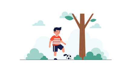 Happy Boy Playing Soccer Under A Tree In Park Illustration
