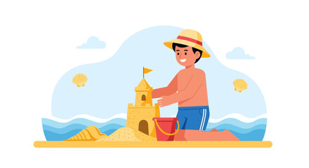 Happy Boy Plays On Sandy Coastline Constructing Sandcastle Under Warm Sun