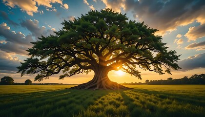 Majestic Sunset Silhouette of a Large Ancient Tree in a Field