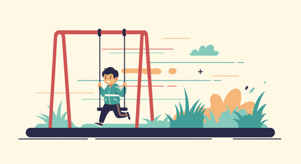 Happy Boy Swinging In The Playground With Abstract Background And Vegetation