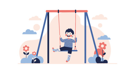 Happy Boy Swings On The Playground Set Amidst Flowers And Clouds