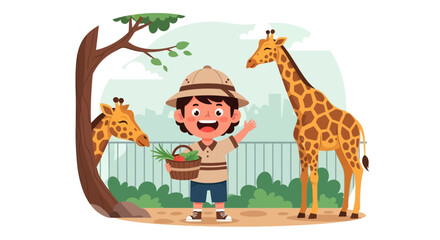 Happy Boy With Safari Hat Feeding Giraffe At The Zoo Visit Scene