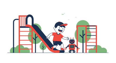 Happy Boy With Robot Playing On Slide In A Park Graphic Illustration