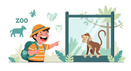 Happy Boy Visiting Zoo Seeing Monkey With Backpack And Jungle Animals