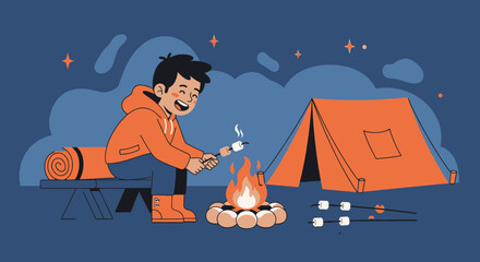 Happy Camper Roasting Marshmallows At Night Under Starry Sky Illustration
