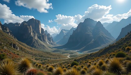 Majestic Mountain Valley Landscape with Dramatic Peaks and Lush Vegetation