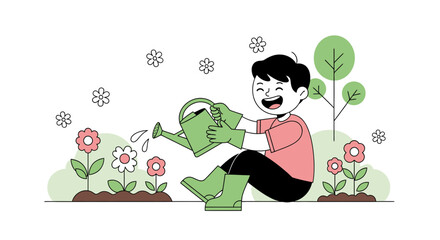 Happy Child Watering Flowers In Springtime Garden With Watering Can