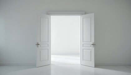 Open white double doors revealing a bright empty room, minimalist interior design, clean lines, spacious, modern architecture, bright, airy, elegant