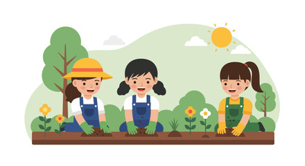 Happy Children Enjoy Planting Flowers Together in the Garden on a Sunny Day