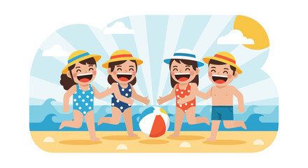 Happy Children Enjoying Summer Vacation on Beach with Ball Game