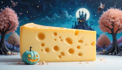 Halloween Swiss Cheese Block with Jack-o'-lantern Pumpkin in Spooky Night Setting