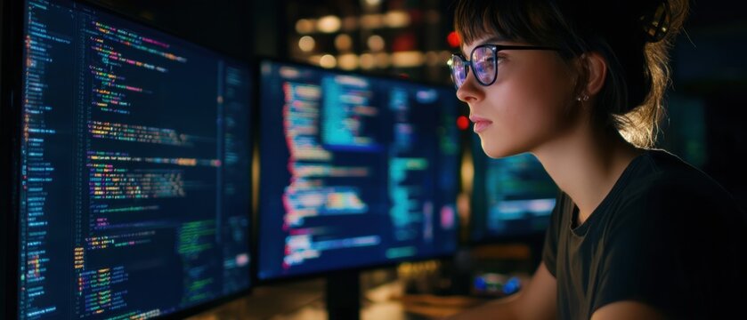 A focused woman coding intently at multiple computer screens in a dark environment.